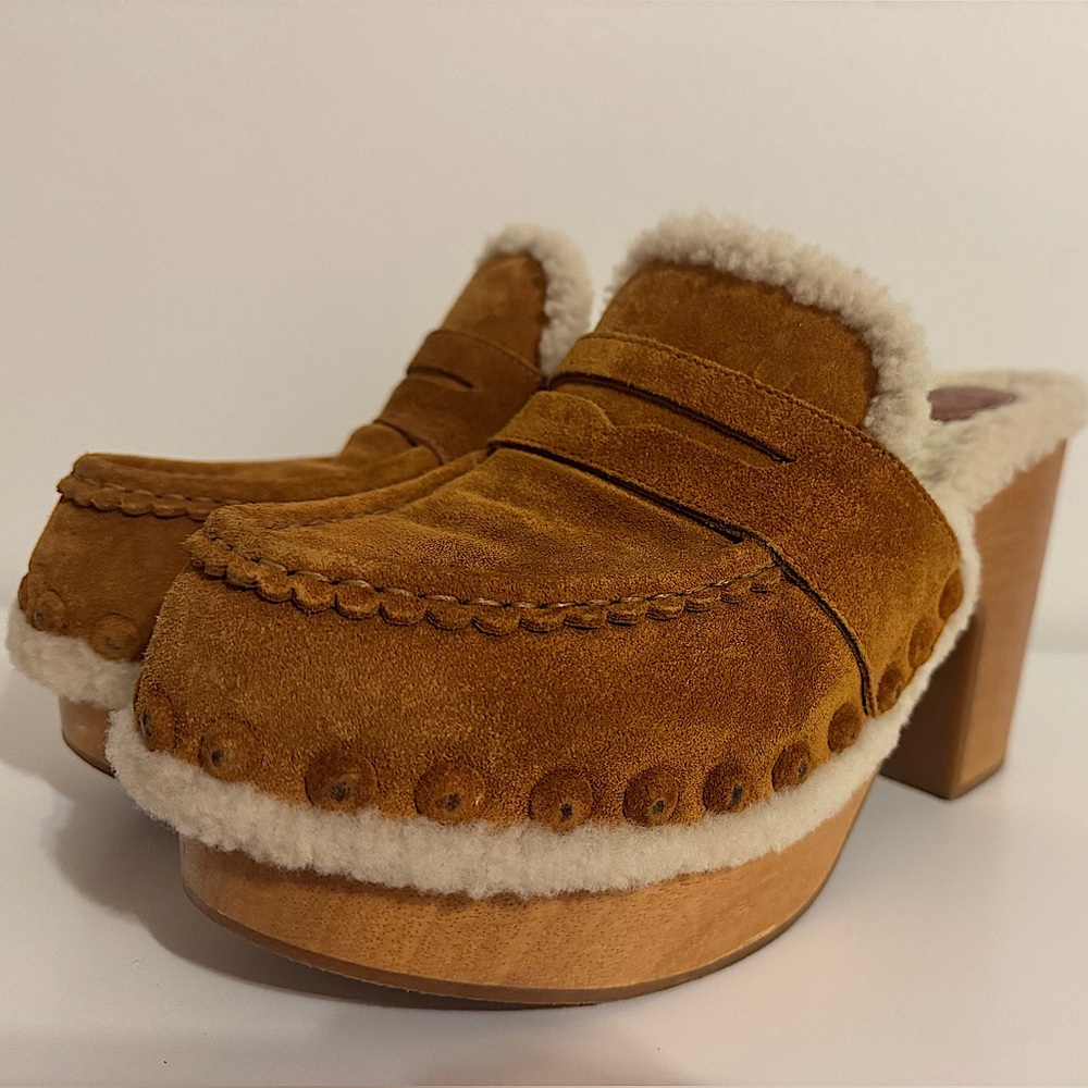 🤎SOLD🤎Chloe Joy Suede & Shearling Caramel Cognac Block Heel Clogs Size 39 EU - Picture 3 of 11